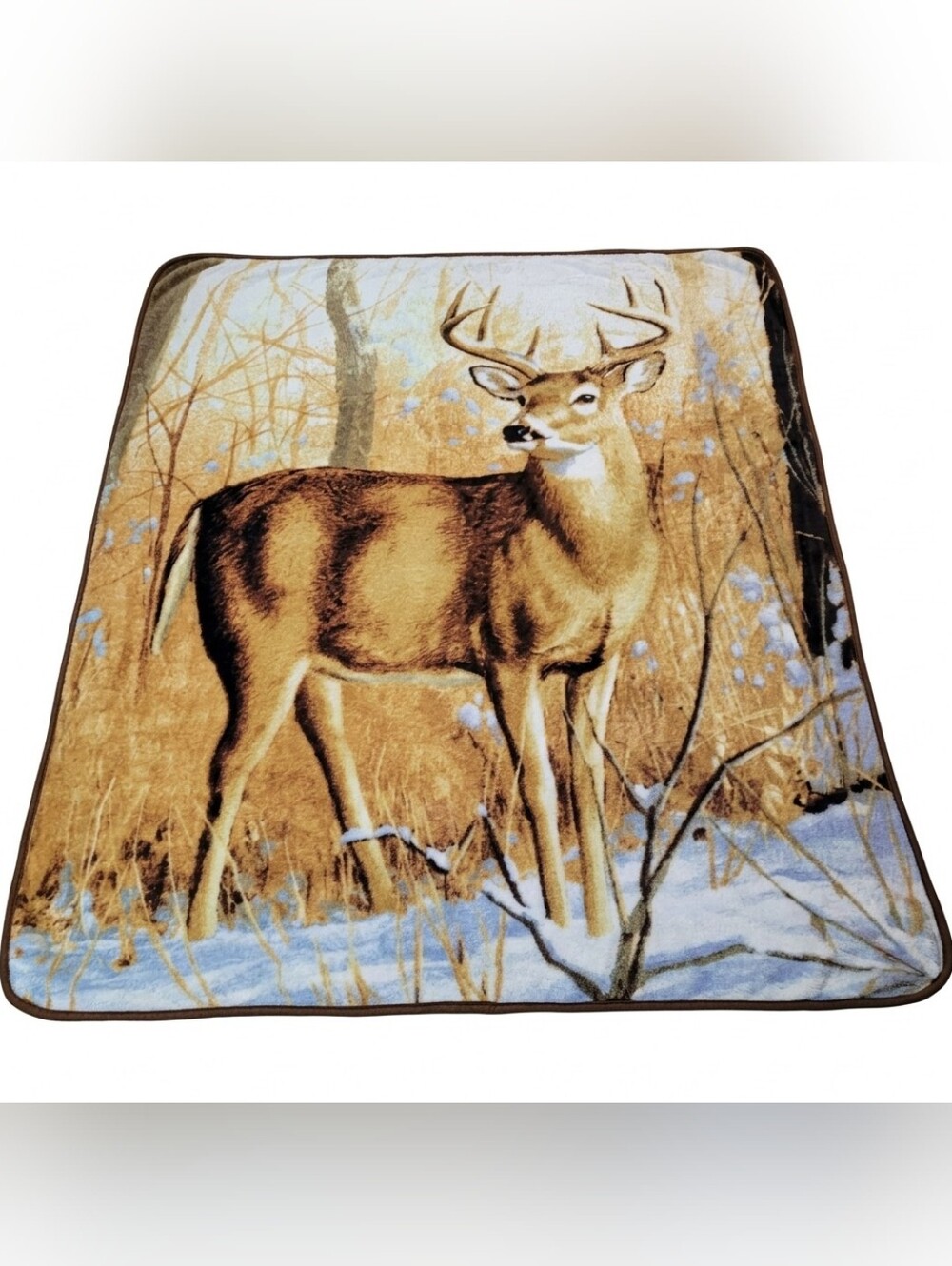 Reversible Vintage Style Deer Buck Winter Woods Raschel Throw Blanket